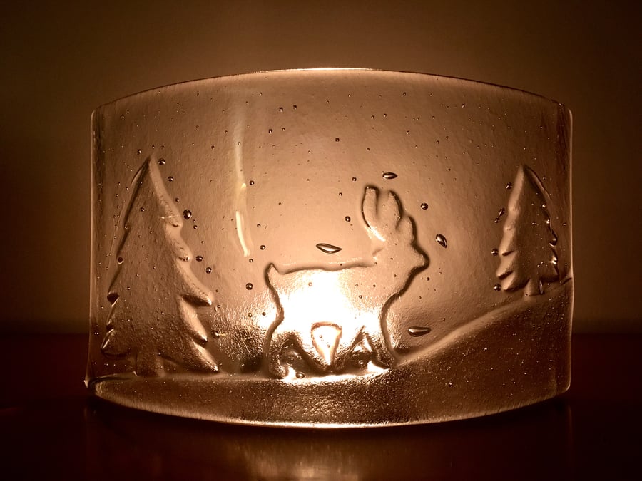 Curved Fused Glass Christmas Snowscene Candle Screen