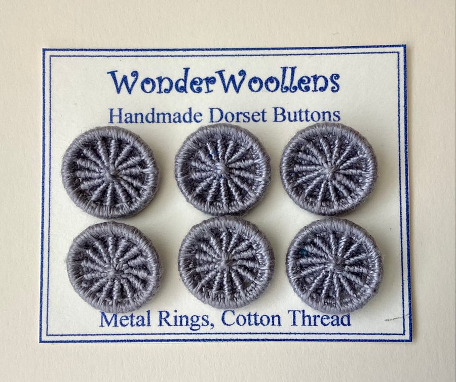 Dorset Buttons or Embellishments, Six x 2cm, Handmade from Grey Cotton thread 