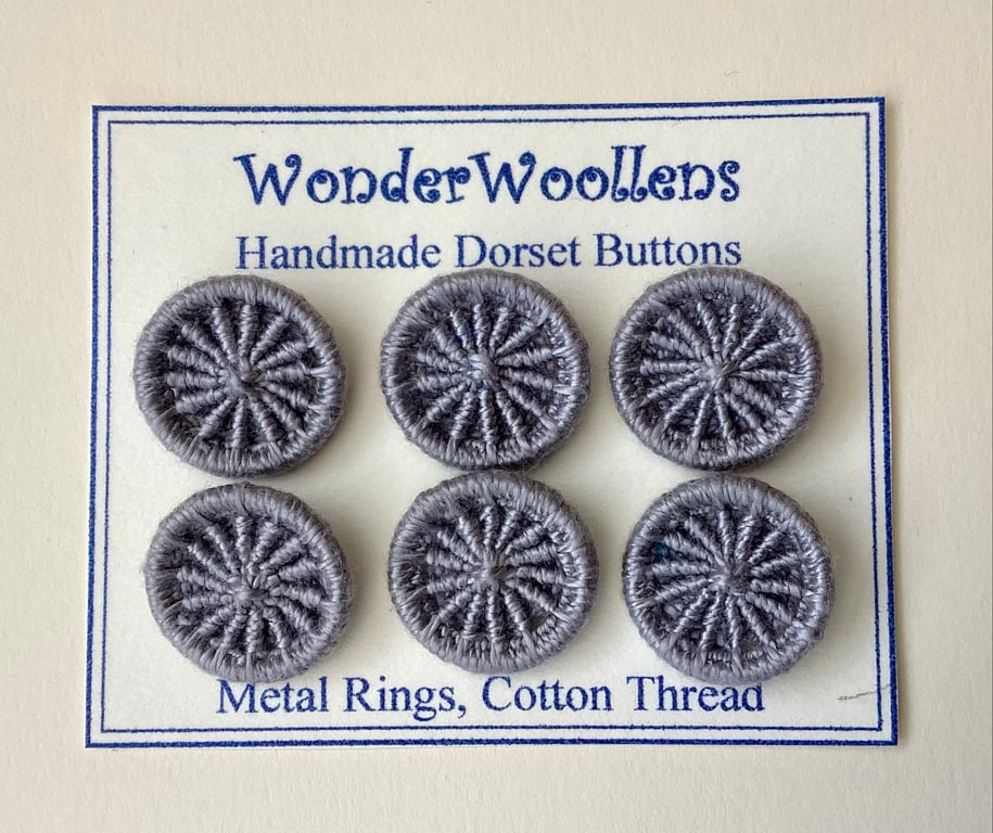 Dorset Buttons or Embellishments, Six x 2cm, Handmade from Grey Cotton thread 