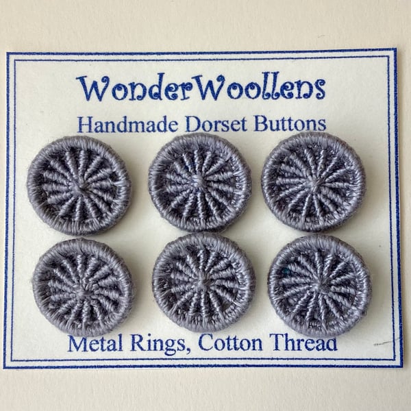 Dorset Buttons or Embellishments, Six x 2cm, Handmade from Grey Cotton thread 