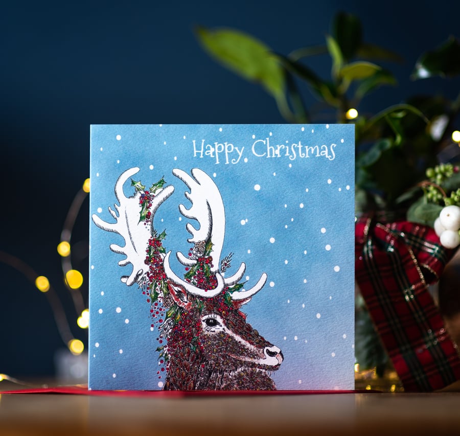 Christmas  Stag in the snow single greeting card