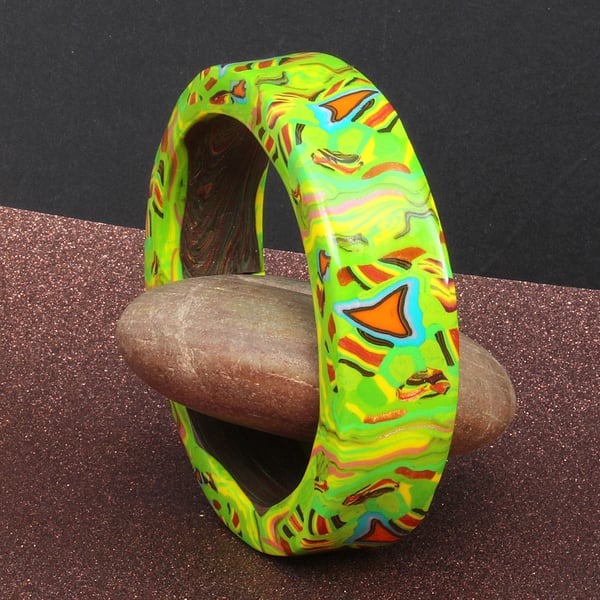 Designer Abstract Patterned Bangle In Limes And Greens - Polymer Clay - Medium 