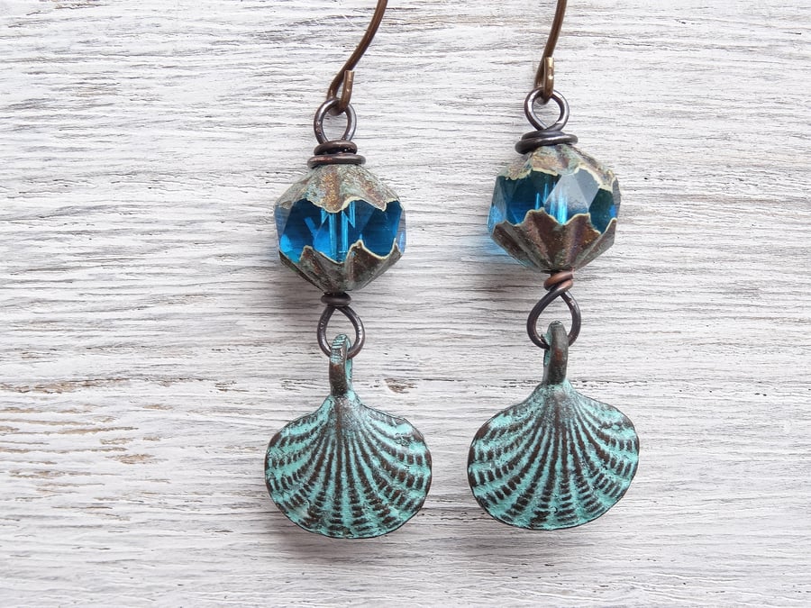 Czech Glass Earrings, Mykonos Patina Shell Earrings, Boho Earrings, Handmade. 