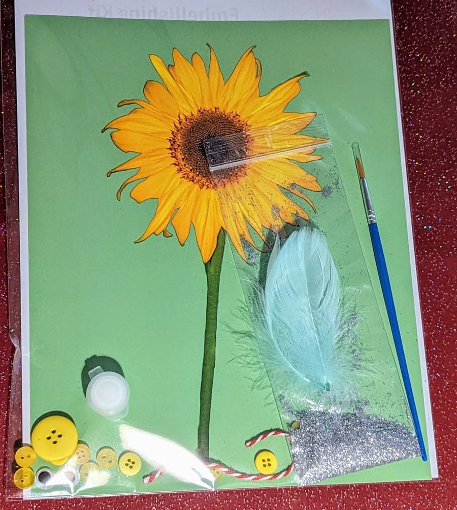 YELLOW Sunflower Art Print Embellishing Craft Kit Feathers Glitter Buttons
