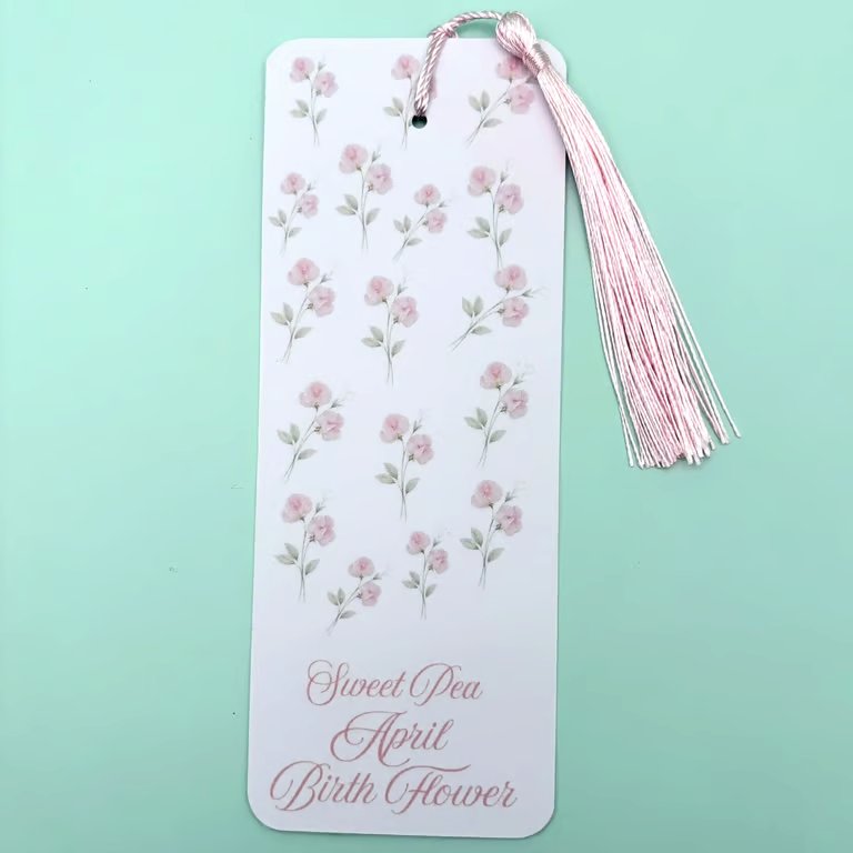 Sweet Pea April Birth Flower Bookmark - Laminated Floral Bookmark with Tassel