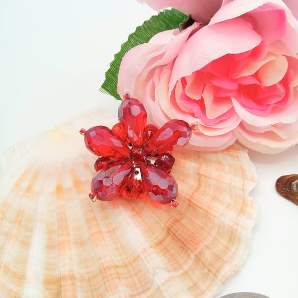 Garnet Red Crystal Floral Brooch, Red Flower Brooch, Jewellery Gift for Her