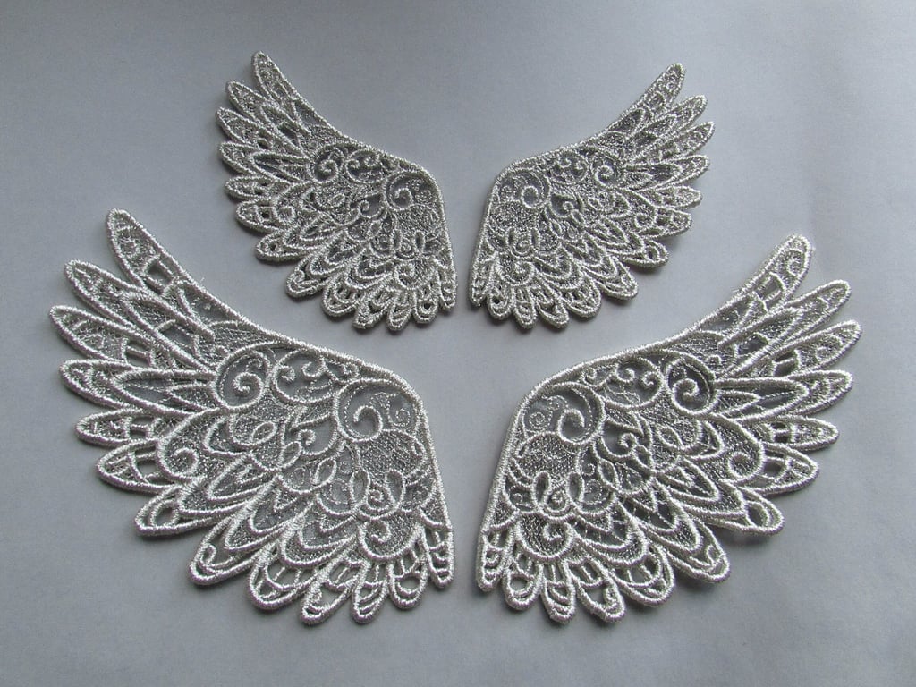 Embroidered Lace & Organza Metallic Angel Wings Applique LARGE SIZE