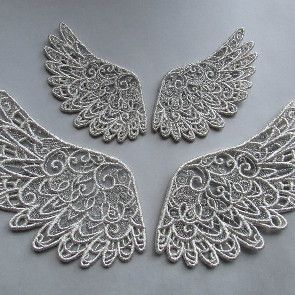 Embroidered Lace & Organza Metallic Angel Wings Applique LARGE SIZE
