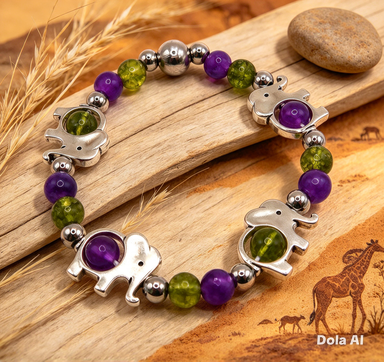 Amethyst and Peridot Stretch Bracelet with Elephant Charms. Free UK Postage