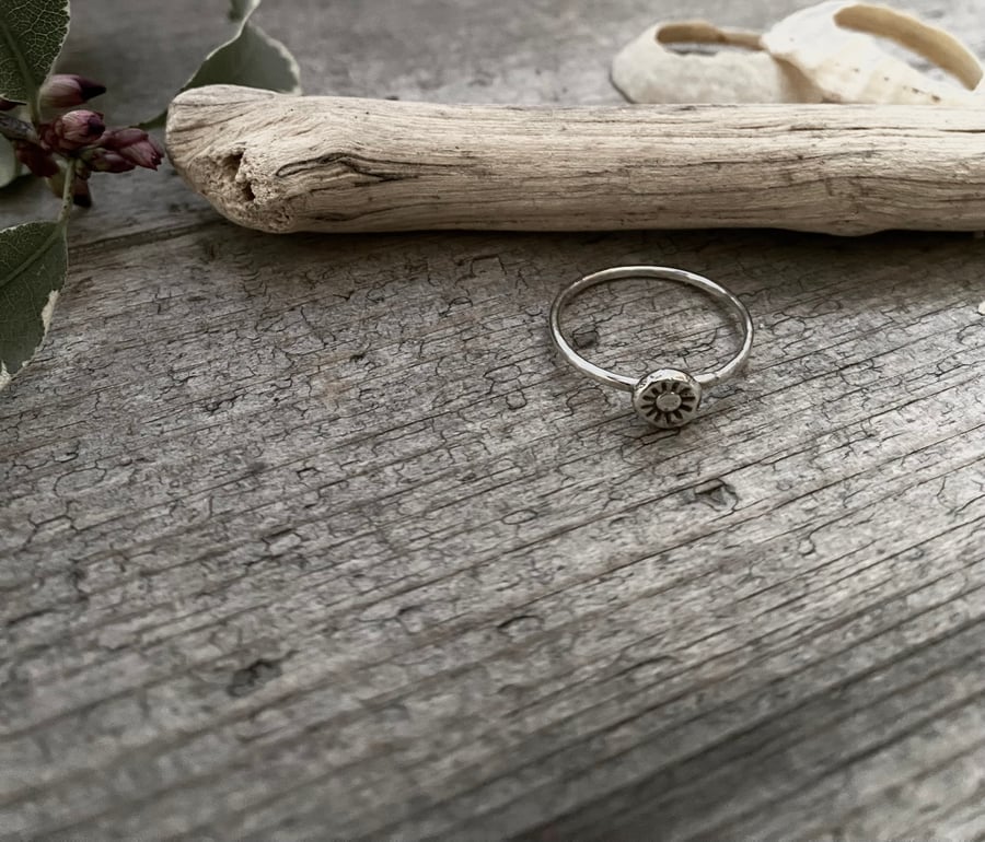 Sterling silver sunshine ring, hand stamped silver ring