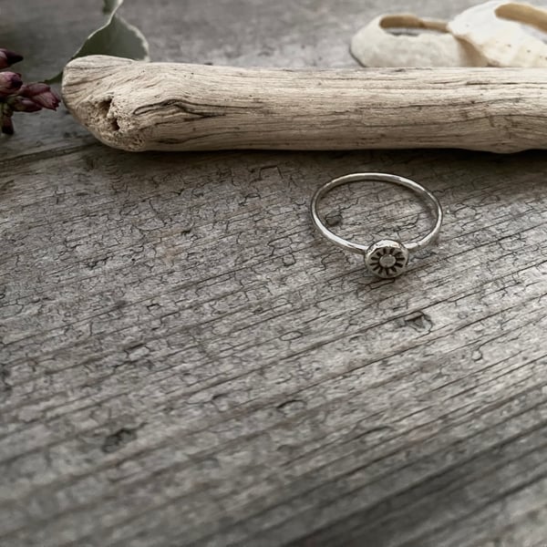 Sterling silver sunshine ring, hand stamped silver ring