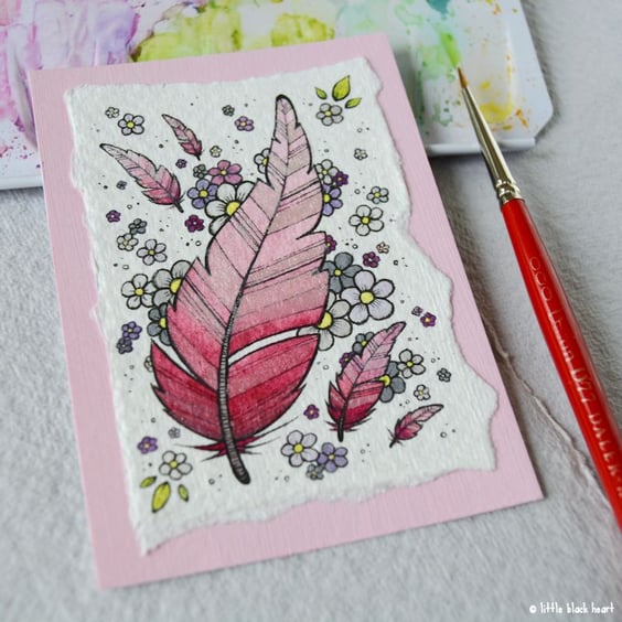 floaty pink feathers and flowers - original aceo