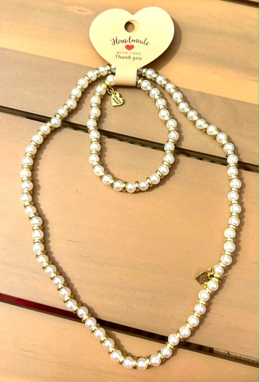Handmade Pearl Bead Necklace & Bracelet Set with Gold-Tone Accents