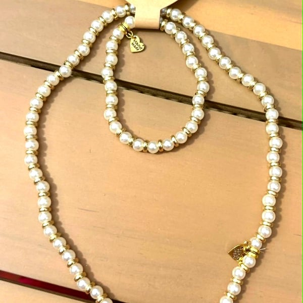 Handmade Pearl Bead Necklace & Bracelet Set with Gold-Tone Accents