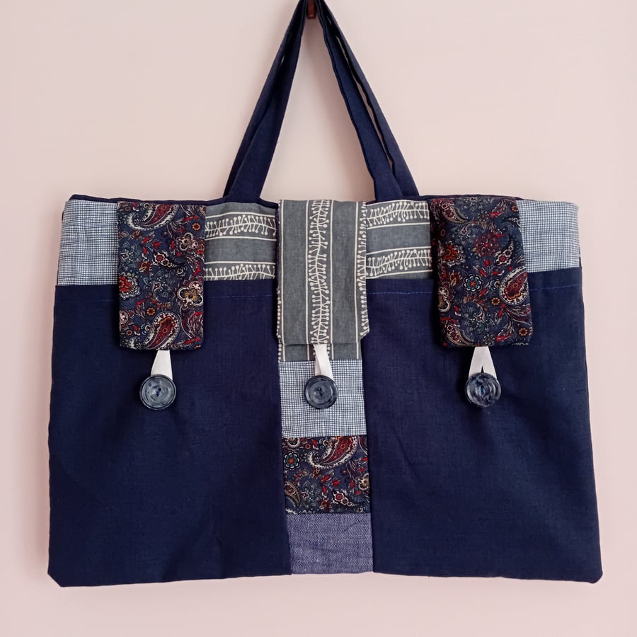 Bag with pockets, tablet bag, briefcase style bag . Document carrier. Navy blue.