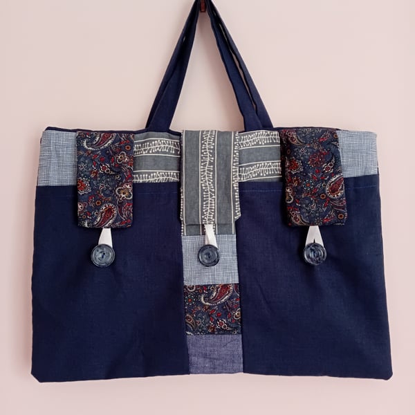 Bag with pockets, tablet bag, briefcase style bag . Navy blue bag.