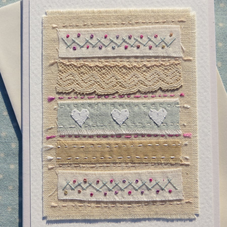 'Antiquity' vintage lace, embroidery, hand-dyed recycled cotton, anytime card