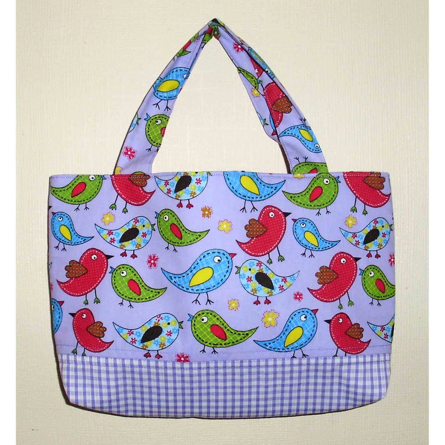 Bag for girl, lilac birds and gingham