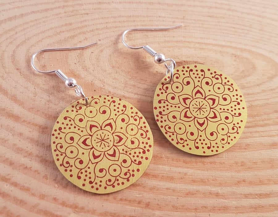 Anodised Aluminium Yellow Mandala Drop Dangle Earrings AAE041801