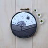 Monochrome Mini Landscape with Tree Framed Hoop Art Hand Embroidery (Style J)