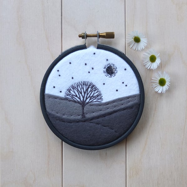 Monochrome Mini Landscape with Tree Framed Hoop Art Hand Embroidery (Style J)
