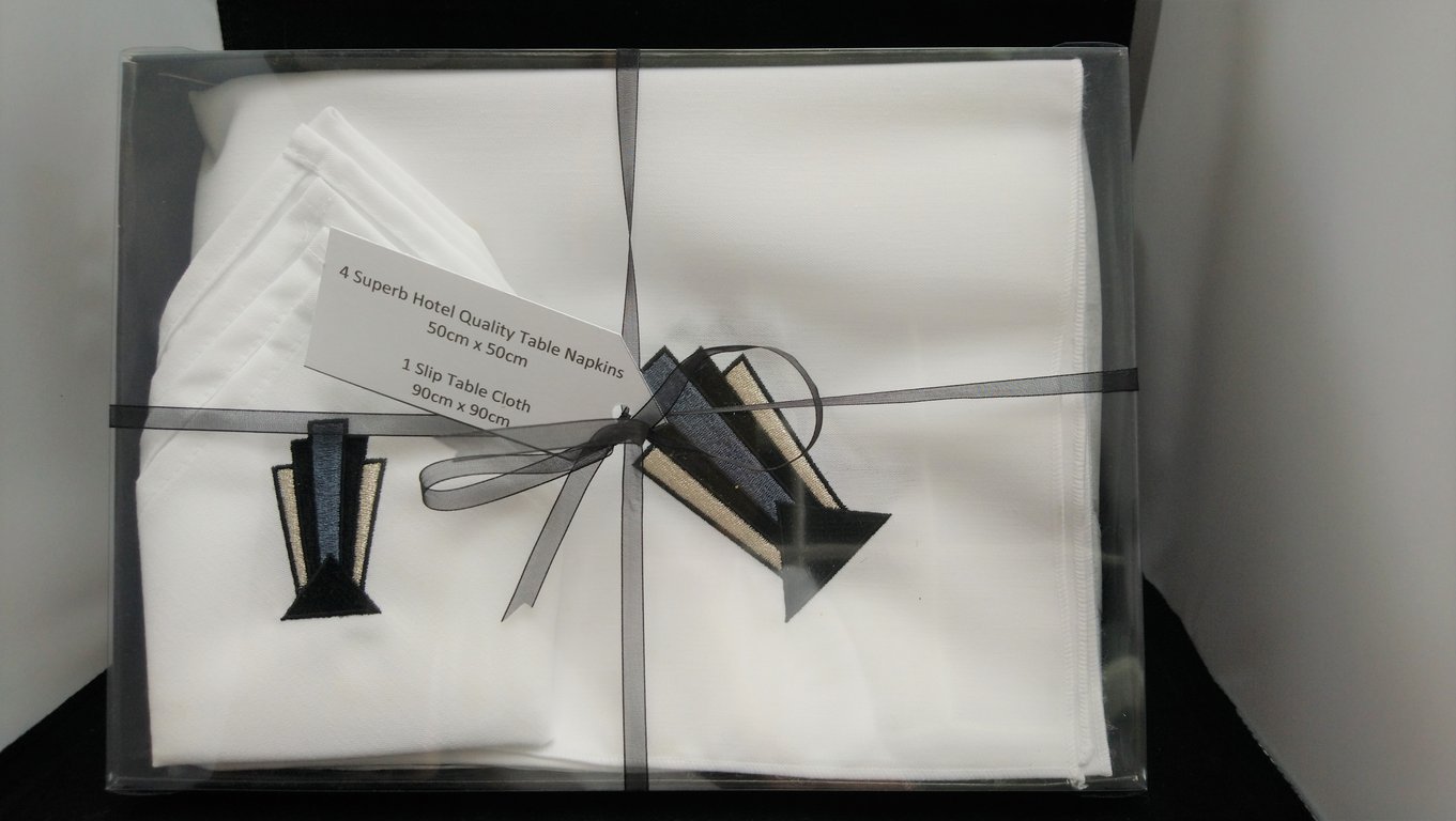  Art Deco Design Embroidered Napkins Set of 4 and 1 Table Slip Cloth, Boxed