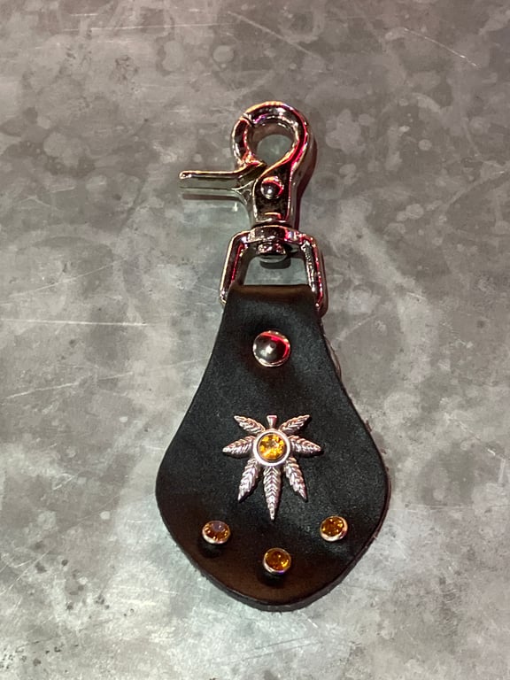 Black Leather Keyring with Leaf Design & 3 Orange Gemstones - FREE SHIPPING