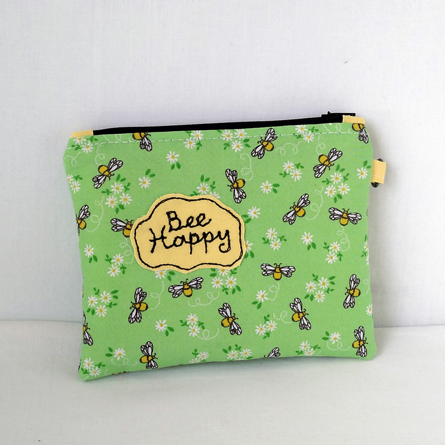 Be Happy small, zipped pouch, bees and flowers, POSTAGE INCLUDED
