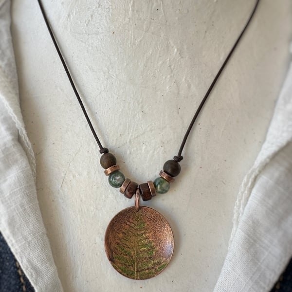 Copper Fern Pendant Etched and Coloured