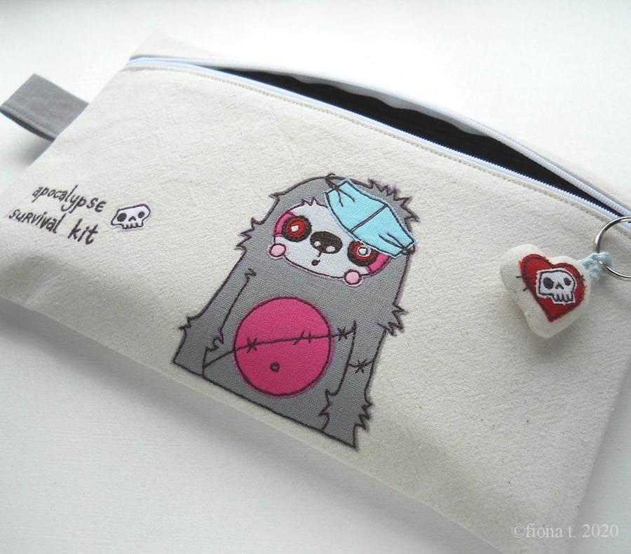 freehand embroidered facemask zombie sloth zip case - large, hot pink