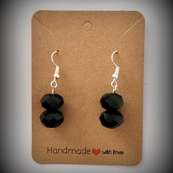 Black Onyx 2-Drop Crystal Bead Earrings, Silver Plated Hooks, Pillow Gift Box