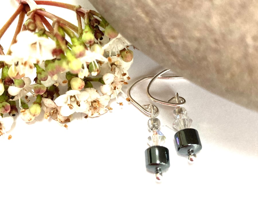 Sterling Silver Hematite and Cyrstal Earrings
