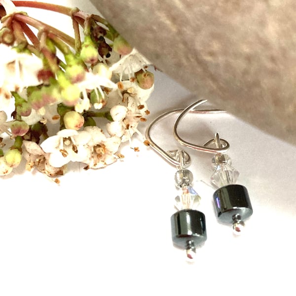 Sterling Silver Hematite and Cyrstal Earrings