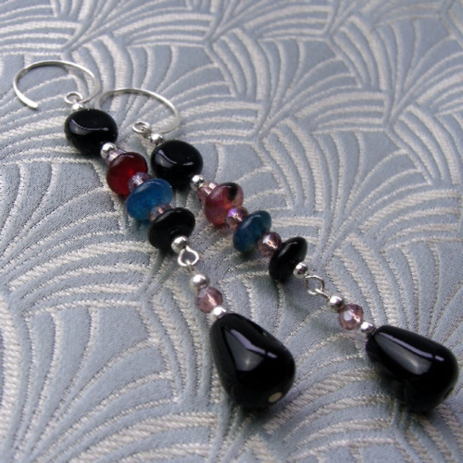 Long Earrings, Long Dangle Black Gemstone Earrings BB91