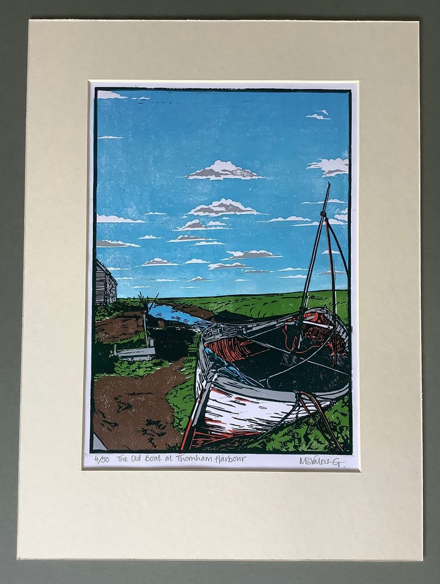 Original Limited Edition Lino Print- The Old Boat at Thornham Harbour