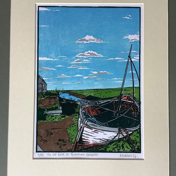 Original Limited Edition Lino Print- The Old Boat at Thornham Harbour