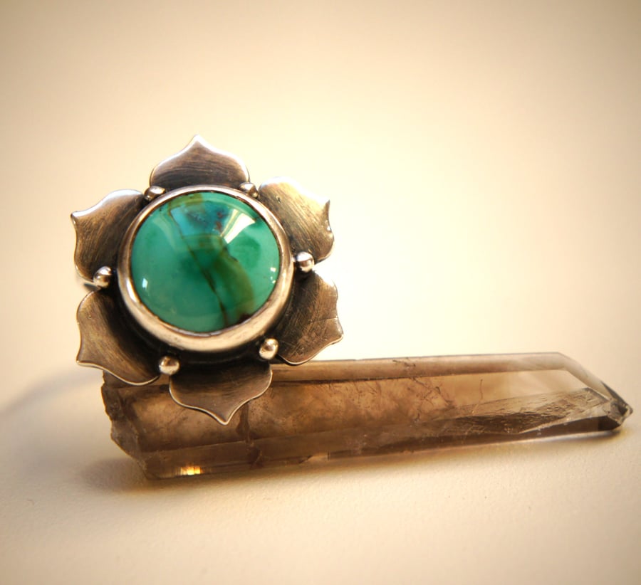  Turquoise Cabochon and Burnished Sterling Silver Lotus Ring