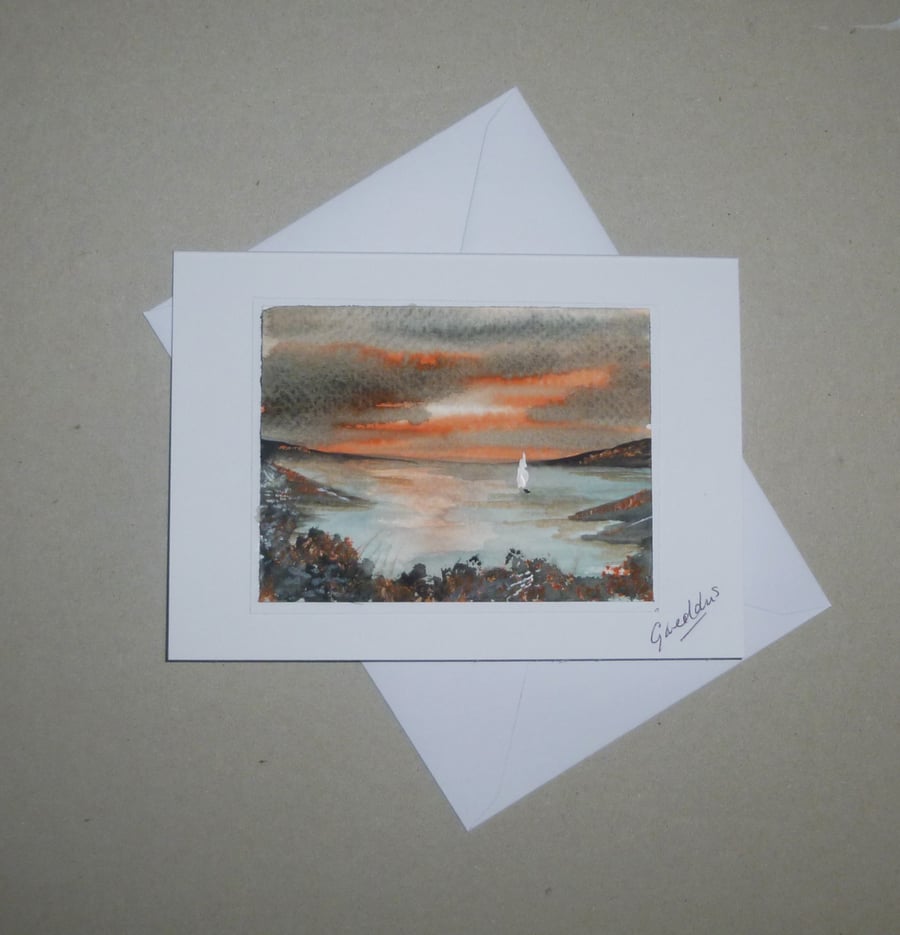 hand painted sunset seascape greetings card ( ref FA 294 P4 )