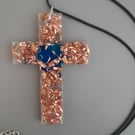 handmade cross copper and blue resin statemnet jewellery