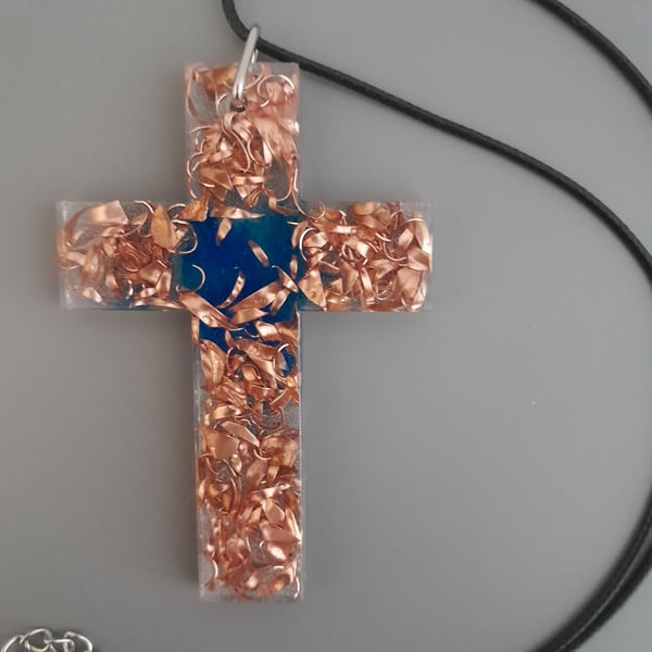 handmade cross copper and blue resin statemnet jewellery