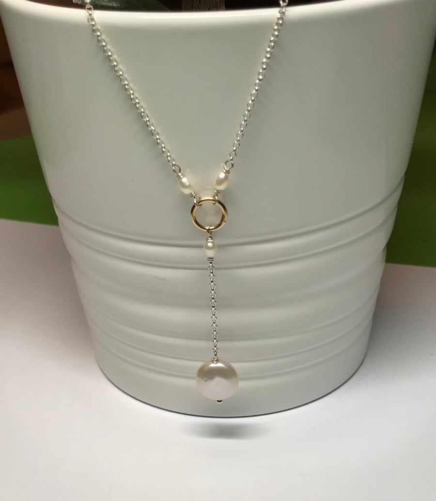 Natural pearl silver Y necklace