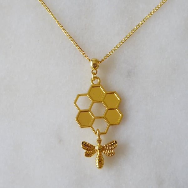 Bee and Honeycomb Pendant with gold plated Chain