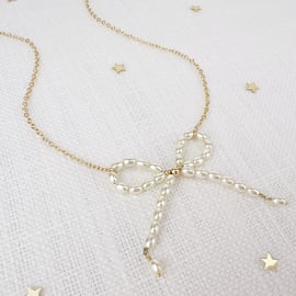 Beaded Pearl Bow Necklace in Gold Filled