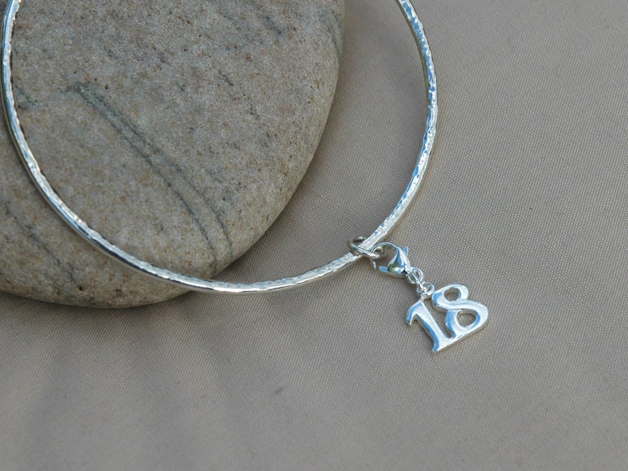 Sterling Silver Bangle, Hallmarked, with '18' Charm
