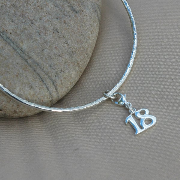 Sterling Silver Bangle, Hallmarked, with '18' Charm