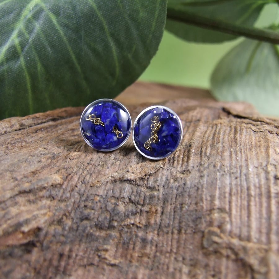 Stud Earrings, Crushed Lapis Lazuli and Sterling Silver 8mm Studs