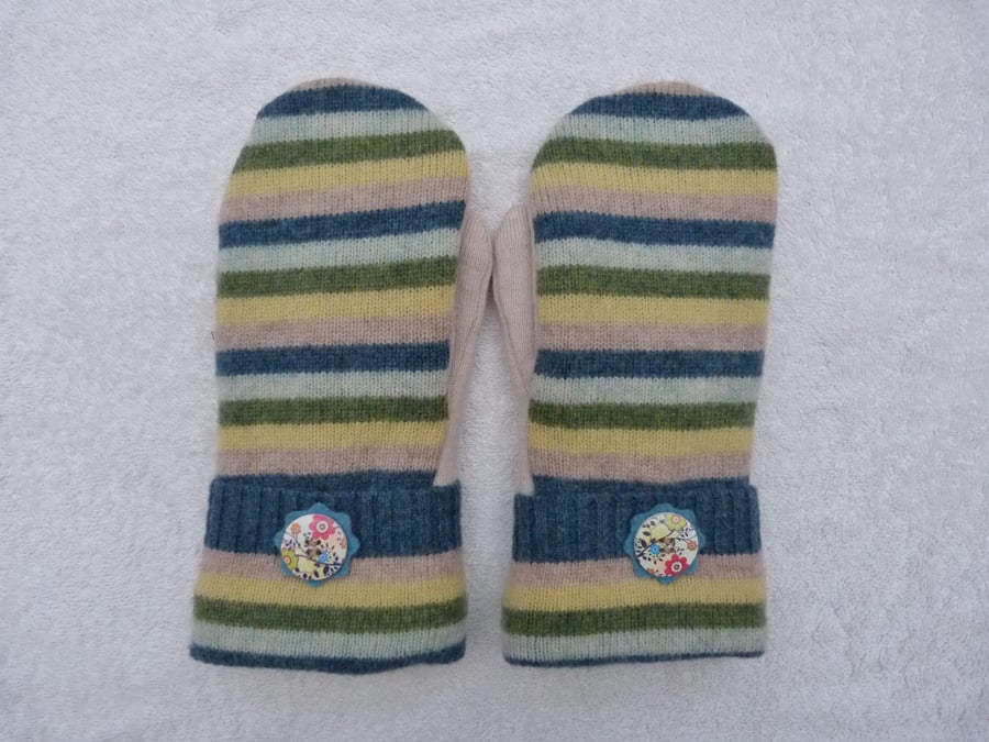 Mittens Created from Up-cycled Wool Jumpers. Fully Lined. Wooden Button on Blue