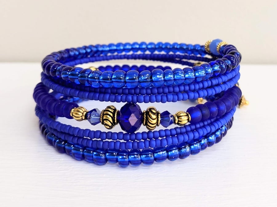 Memory Wire Seed Beaded Bracelet in Cobalt Blue and Gold