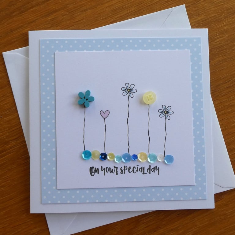 On Your Special Day Card - Flowers, Hearts and Sequins - Blue and Yellow