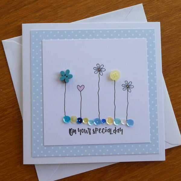 On Your Special Day Card - Flowers, Hearts and Sequins - Blue and Yellow